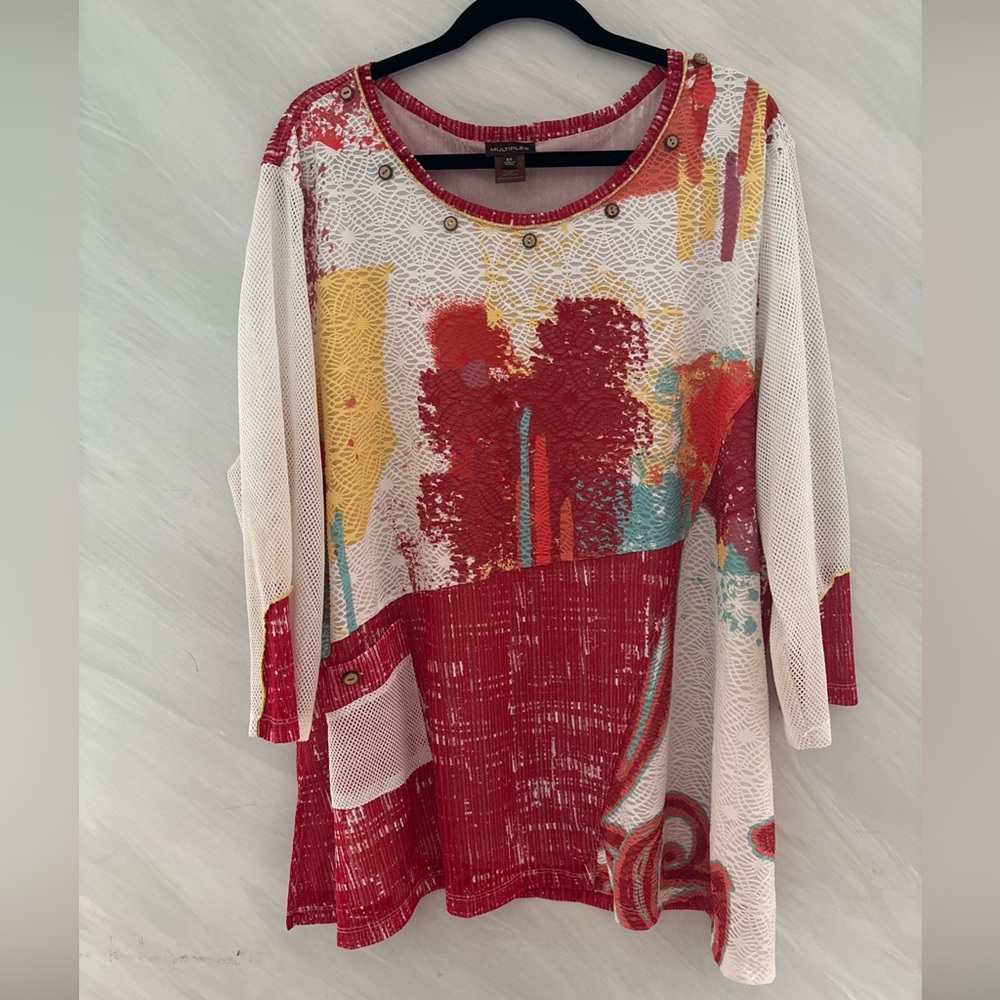 Multiples 2X Multicolored 3/4 Mesh Sleeve Lined Blouse Artsy Festival    Flaw?